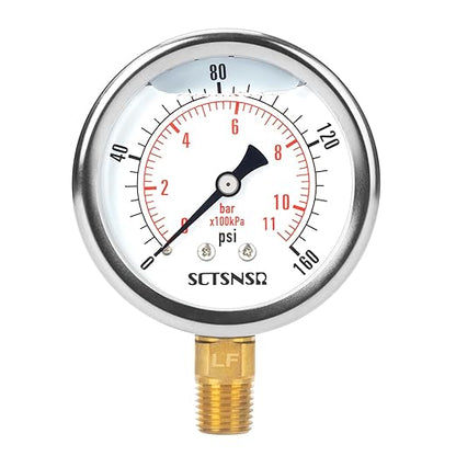 2-1/2" Dial Size, 0-160 Psi Lead-Free Pressure Gauge, Glycerin Liquid Filled, 1/4" NPT Lower Mount, Stainless Steel Case, for Regulator, Potable Water Pump, RV Hose, Well, Air, Pressure Test