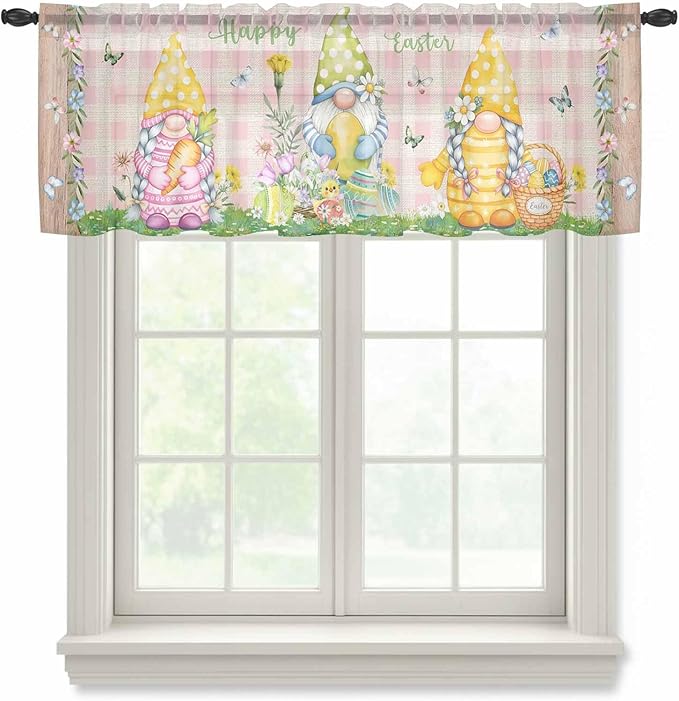 Happy Easter Sheer Valances for Windows 42"x12", Light Filtering Kitchen Curtains Valance, Spring Gnomes Duck Floral Eggs Pink Plaid Rod Pocket Chiffon Curtains for Living Room Bedroom Cafe