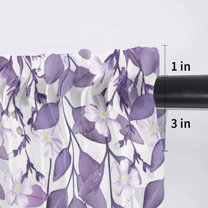 Eucalyptus Leaves Sheer Valance Curtains, Purple Leaves Idyllic Winds Farmhouses Light Filtering Kitchen Valances Rod Pocket Voile Curtain Window Treatment for Bedroom/Living Room/Basement 60Wx18L