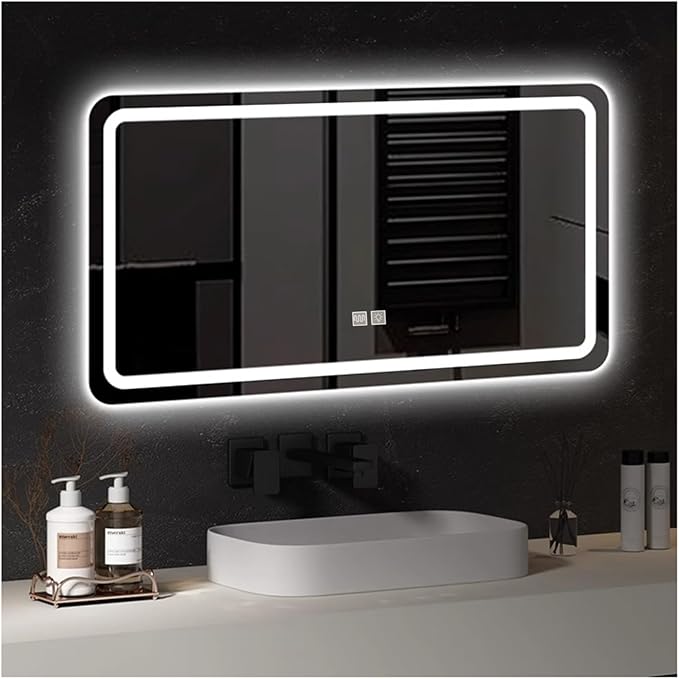 Bathroom Mirror with LED Lights，LED Bathroom Mirror，Illuminated Led Bathroom Mirror with Demister Pad，Illuminated LED Bathroom Mirror,3 Colours Backlit Makeup Mirror(B,H70*W90cm/H27.6*W35.4IN)