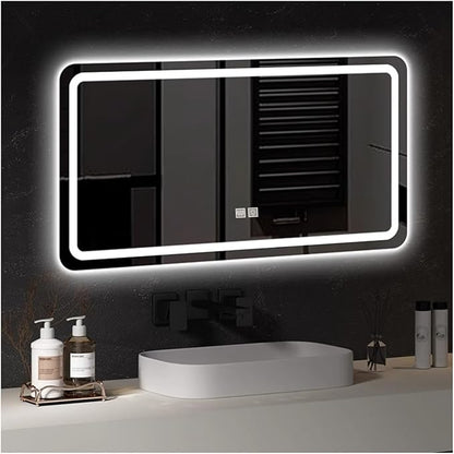 Bathroom Mirror with LED Lights，LED Bathroom Mirror，Illuminated Led Bathroom Mirror with Demister Pad，Illuminated LED Bathroom Mirror,3 Colours Backlit Makeup Mirror(B,H70*W90cm/H27.6*W35.4IN)