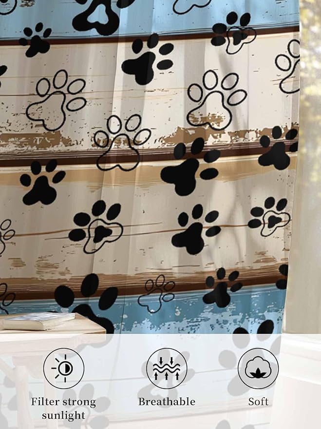 Sheer Curtains 84 Inches Long, Blue Brown Paw Prints Semi Sheer Curtains Light Filtering Window Treatment, Vintage Farmhouse Rustic Wooden Grain Privacy Voile Drapes for Living Room Bedroom 52x84 Inch