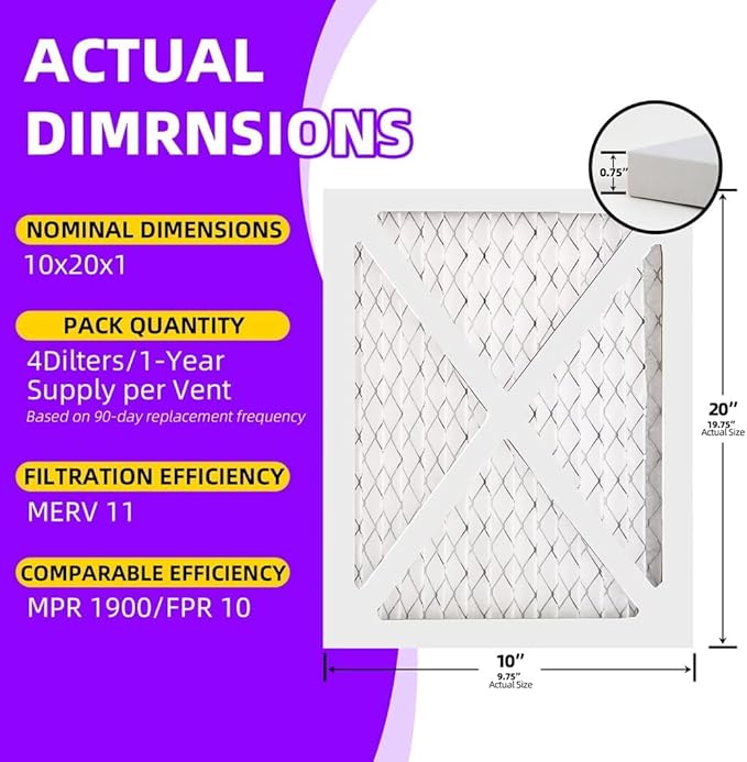 10x20x1 MERV 11 (6-Pack) Pleated Air Filter (Actual Size: 9.75"x19.75"x0.75") MPR 1200 & FPR 7, Furnace Air Filters,10x20x1 air filter