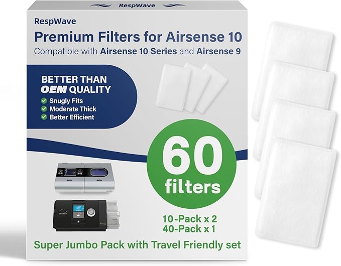 60-Pack Premium Disposable Replacement CPAP Filters Compatible with AirSense 10, AirCurve 10, S9, AirStart & Universal Fit, Ultra Fine High Filtration, Smooth Airflow, Home, Travel & Daily Essentials