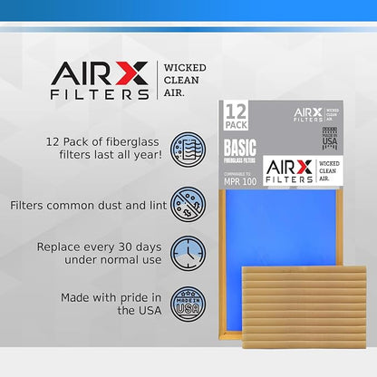 12x30x1 Air Filter Comparable to MPR 100 Basic Economy Furnace Filters, 12 Pack of Non Pleated Fiberglass Filter For Dust - Low Airflow Restriction! From AIRX FILTERS WICKED CLEAN AIR.
