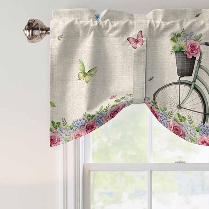 Farmhouse Spring Tie Up Valance Curtains for Windows, Kitchen Curtains Window Shades, Retro Bicycles Flowers Vines Butterfly Light Filtering Roman Curtain Valances for Bedroom/Bathroom/Cafe 42"x18"