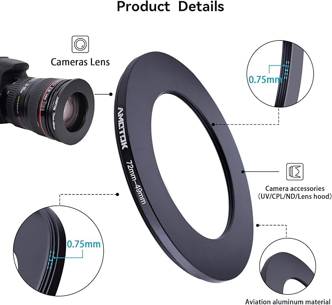 72mm Lens to 49mm Camera Lens Adapter,72mm-49mm Filter Step-Down Ring,Compatible All 49mm Filter Accessory.Made from CNC Machined