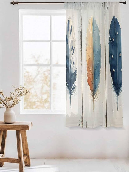 Sheer Curtains 63 Inch Length, Blue Brown Feathers Semi Sheer Curtains Light Filtering Window Treatment, Boho Ombre Vintage Wooden Grain Privacy Voile Drapes for Living Room Bedroom 52x63 Inch
