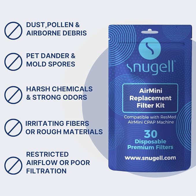 Snugell AirMini CPAP Filter – Compatible with ResMed AirMini Machines – Perfect for Travel and Home use – Easy to Install, enhances air Filtration, and ensures Cleaner air. (30 Count (Pack of 1))