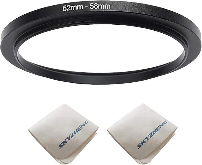52mm Lens to 58mm Camera Lens Adapter 52mm to 58mm Step Up Ring Adapter Ring for All Brands of UV ND CPL, with Premium Lens Wiping Cloth 2 Pack (52mm-58mm)