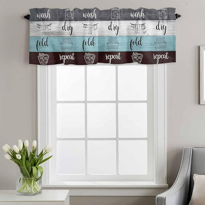 Laundry Rules Valances for Windows, Retro Blue White Wood Board Grain Kitchen Valance Light Filtering Rod Pocket Short Curtains for Kitchen Bathroom, 1 Panel, 54"x18"