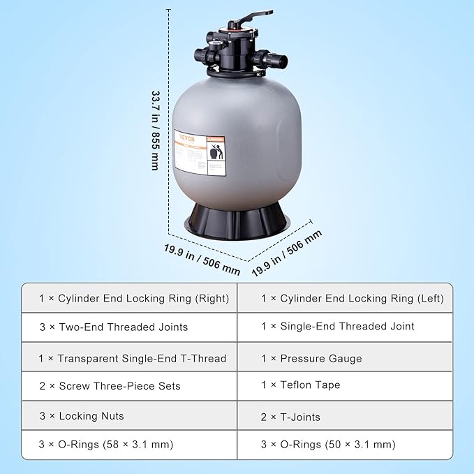VEVOR 22 Inch Sand Filter, Up to 55 GPM Flow Rate, Above Inground Swimming Pool Sand System with 7-Way Multi-Port Valve, Filter, Backwash, Rinse, Recirculate, Waste, Winter, Closed Functions, Grey