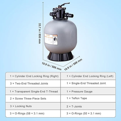 VEVOR 22 Inch Sand Filter, Up to 55 GPM Flow Rate, Above Inground Swimming Pool Sand System with 7-Way Multi-Port Valve, Filter, Backwash, Rinse, Recirculate, Waste, Winter, Closed Functions, Grey