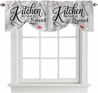 Kitchen Knife Fork Tie Up Valance Curtains for Windows, Kitchen Curtains Window Shades, Vintage Love Heart Grey Wood Grain Light Filtering Roman Curtain Valances for Bedroom/Bathroom/Cafe 60"x18"