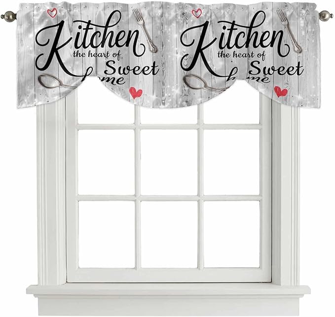 Kitchen Knife Fork Tie Up Valance Curtains for Windows, Kitchen Curtains Window Shades, Vintage Love Heart Grey Wood Grain Light Filtering Roman Curtain Valances for Bedroom/Bathroom/Cafe 42"x18"