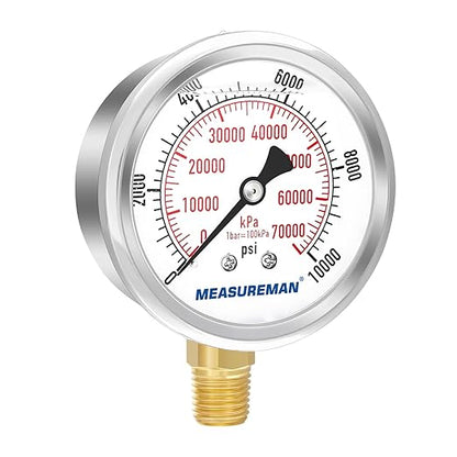 MEASUREMAN 2-1/2" Dial Size, Glycerin Filled Pressure Gauge, 0-10000psi/kpa, 304 Stainless Steel Case, 1/4" NPT Lower Mount