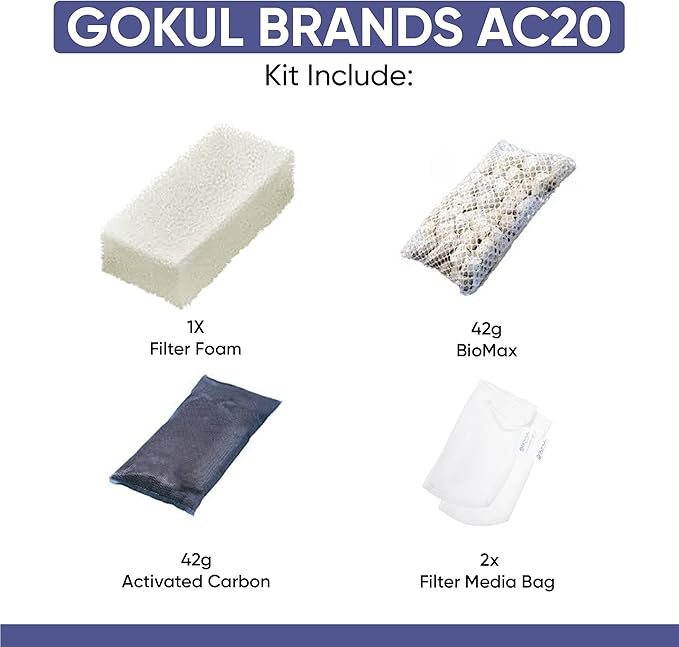 AquaClear 20 HOB Maintenance & Replacement Filter Media Kit, Including Gokul Brands Mesh Bags (AquaClear Activated Carbon Inserts 45g-1 Pack, BioMax Media 42g, Filter Foam Insert 1-Pack)