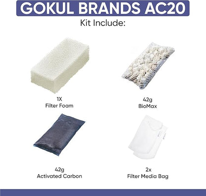 AquaClear 20 HOB Maintenance & Replacement Filter Media Kit, Including Gokul Brands Mesh Bags (AquaClear Activated Carbon Inserts 45g-1 Pack, BioMax Media 42g, Filter Foam Insert 1-Pack)