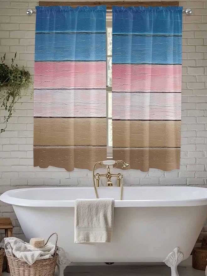 Blue Pink Brown Gradient Wood Grain Window Valance Curtains, Vintage Wood Board Light Filtering Kitchen Valance with 3-inch Rod Pocket for Living Room Bathroom Bedroom,2 Panel,42x63In