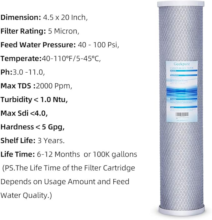 Geekpure 20 Inch Carbon Block Water Filter Reduce Chlorine Taste Odors for Whole House Filtration- 4.5 Inch x 20 Inch -5 Micron-Pack of 4