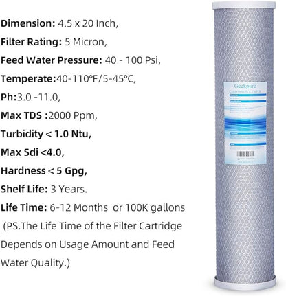 Geekpure 20 Inch Carbon Block Water Filter Reduce Chlorine Taste Odors for Whole House Filtration- 4.5 Inch x 20 Inch -5 Micron-Pack of 4