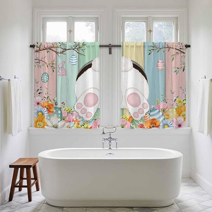 Easter Kitchen Curtains 54 Inch Long 2 Panel Set, Rod Pocket Window Curtains Panels, Spring Colorful Bunny Eggs Flower Wood Grain Light Filtering Privacy Draperies for Bedroom Laundry 42"W x 54"L