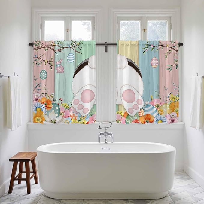 Easter Kitchen Tier Curtains 45 Inch Long 2 Panel Set,Rod Pocket Short Window Treatment,Spring Colorful Bunny Eggs Flower Wood Grain Light Filtering Curtains & Drapes for Bathroom 27.5"W x 45"L