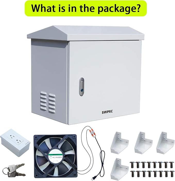Pond, Water Garden Weatherproof Outdoor Cabinet Enclosure for Pond Aerator, Air Pump 20”W×15”D×19”H with pre-drilled knockouts, 110V Cooling Fan and pre-wired outlet included
