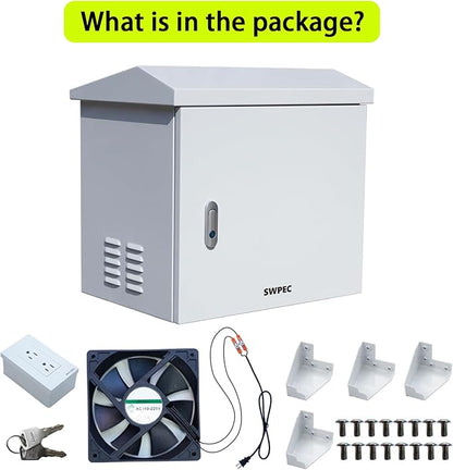 Pond, Water Garden Weatherproof Outdoor Cabinet Enclosure for Pond Aerator, Air Pump 20”W×15”D×19”H with pre-drilled knockouts, 110V Cooling Fan and pre-wired outlet included