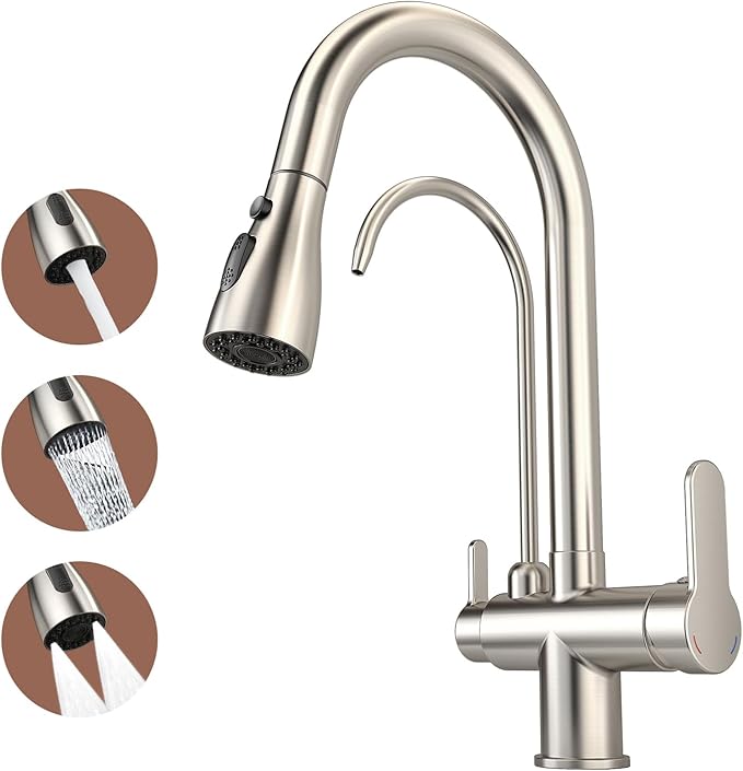 Kitchen Sink Faucet with Pull - Down Sprayer, 2 - Handle 3 - in - 1 Kitchen Sink Filter Faucet, Cold and Hot Mixer Drinking Water Faucet (3-in-1 Filter Faucet, Brushed Nickel)