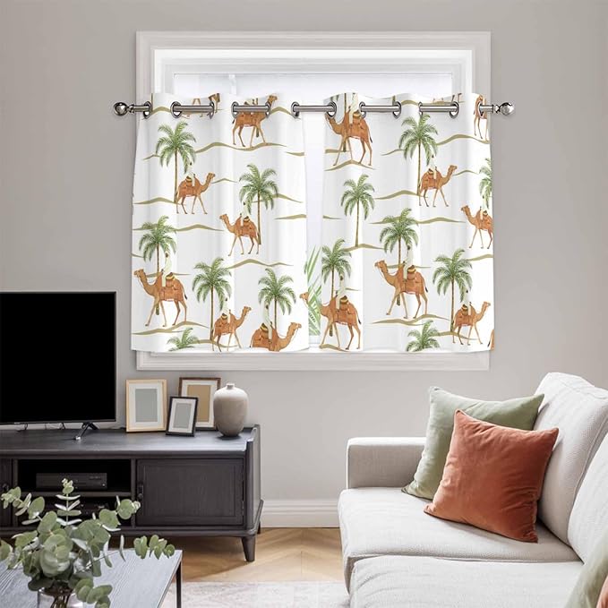 2 Panel Kitchen Cafe Curtains, Desert Camels Sunlight Filtering Nature Air Through, Home Decor Window Covering Tier Curtains for Bedroom Living Room 104W x 52L inch Tropical Date Palm Trees Animal