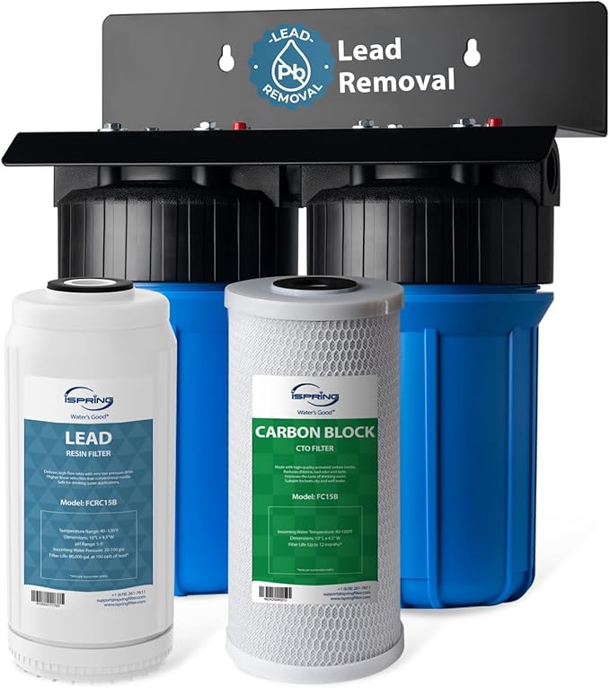 iSpring WGB21B-PB 2-Stage Whole House Water Filtration System w/ 10” x 4.5” Carbon Block FC15B and Lead Reducing Filter FCRC15B, 1" Inlet/Outlet Ports