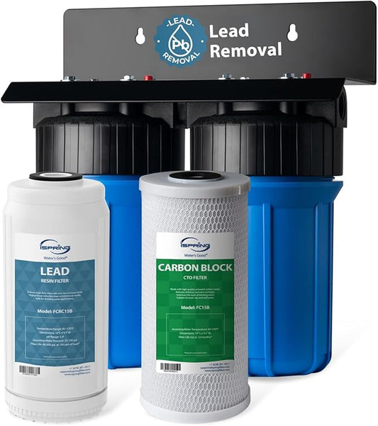 iSpring WGB21B-PB 2-Stage Whole House Water Filtration System w/ 10” x 4.5” Carbon Block FC15B and Lead Reducing Filter FCRC15B, 1" Inlet/Outlet Ports