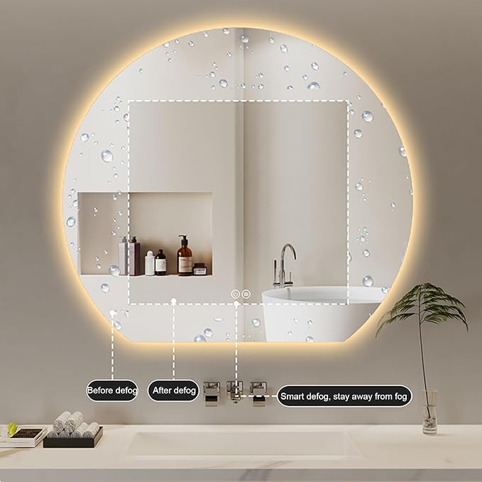 LED Bathroom Mirror，Bathroom Mirror with LED Lights，Illuminated LED Bathroom Mirror,Illuminated Led Bathroom Mirror with Demister Pad，3 Colours Backlit Makeup Mirror(A,H60*W60cm/H23.6*W23.6IN)