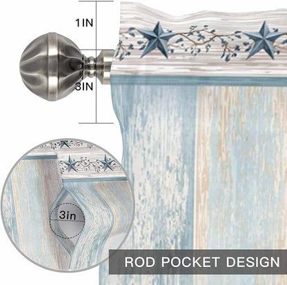 Blue Texas Star Valances for Windows, Vintage Star Berry Blue Beige Wood Grain Kitchen Valance Light Filtering Rod Pocket Short Curtains for Kitchen Bathroom, 1 Panel, 56"x16"