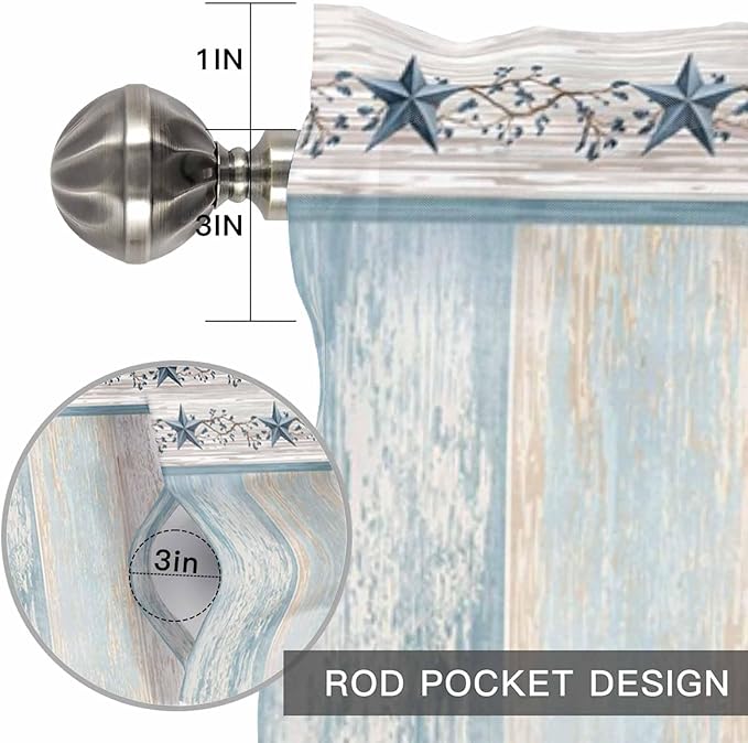 Blue Texas Star Valances for Windows, Vintage Star Berry Blue Beige Wood Grain Kitchen Valance Light Filtering Rod Pocket Short Curtains for Kitchen Bathroom, 1 Panel, 60"x18"