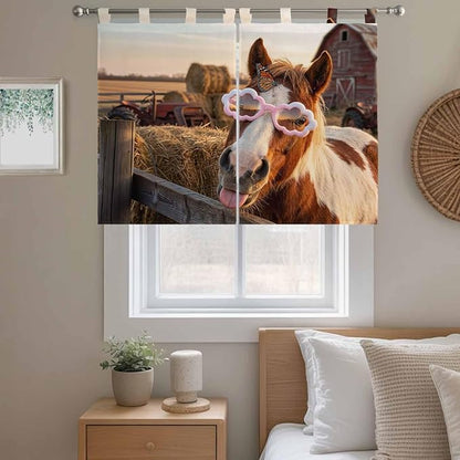 Farm Horses Kitchen Curtains 45 Inch Length, Short Cafe Window Curtains Tab Top, Farmhouse Barn Funny Animals Butterfly Light Filtering Window Treatments Tier Drapes 27.5"x45" 2 Panel