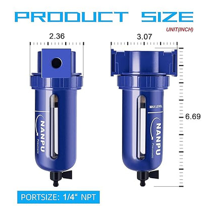 NANPU 1/4" NPT Compressed Air Filter, Zinc Alloy, 5 Micron Brass Element, Quick Release Bowl, Manual Drain, for Air Compressor ＆ Pneumatic Tools
