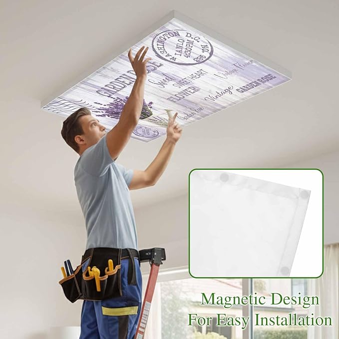 Fluorescent Light Covers for Ceiling Lights Lavender Flower Magnetic Light Filters 3 Pack 4x2 ft Watering Can Purple Old Postcard Wood Ceiling Lights Cover for Classroom Office School Drop Lamp Decor