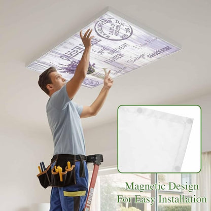 Fluorescent Light Covers for Ceiling Lights Lavender Flower Magnetic Light Filters 3 Pack 4x2 ft Watering Can Purple Old Postcard Wood Ceiling Lights Cover for Classroom Office School Drop Lamp Decor