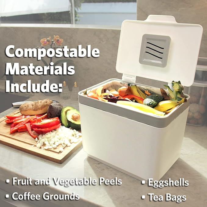 Glad Compost Bin for Kitchen, 1.5 Gallon | Plastic Container with Removable Inner Basket, Bag Storage Holder, and Carbon Odor Blocking Filters, White