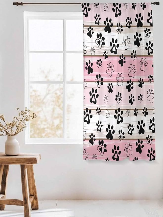 Sheer Curtains 63 Inch Length, Pink Beige Paw Print Semi Sheer Curtains Light Filtering Window Treatment, Vintage Farmhouse Country Wooden Grain Privacy Voile Drapes for Living Room Bedroom 52x63 Inch