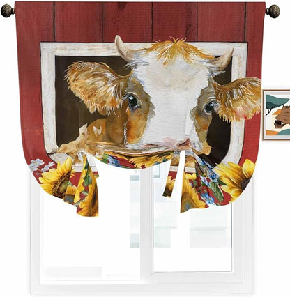 Tie Up Curtains for Windows, Cows Sunflowers Adjustable Balloon Nature Linen Textured Kitchen Curtain, Spring Floral Bees Farmhouse Barn Privacy Curtains Balloon Blind for Cafe, 42 x 63 Inches