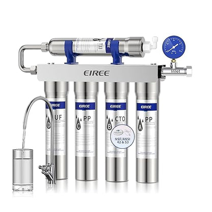 EIREE H502B Under‑Sink Ultrafiltration Water Filter – 0.01 µm Membrane, Removes 99.99% Heavy Metals, Chlorine & Odor, Stainless Steel Housing, USA Tech