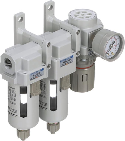 PneumaticPlus SAU330-N03G Three Stage Compressed Air Drying System - Particulate Air Filter, Coalescing Filter, Air Pressure Regulator Combo 3/8" NPT - Poly Bowl, Manual Drain, Gauge
