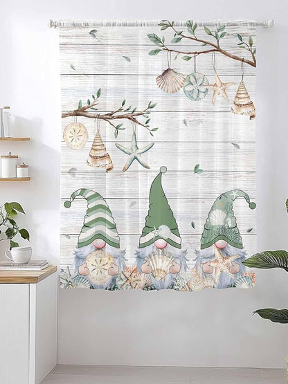 Sheer Curtains 72 Inches Long, Sage Green Gnomes Semi Sheer Curtains Light Filtering Window Treatment, Eucalypus Coastal Anchor Retro Wood Privacy Voile Drapes for Living Room Bedroom 52x72 Inch