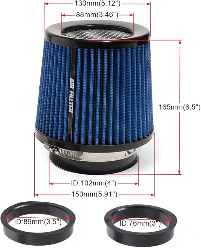 3" 3.5" 4" Inlet Car Replacement Cold Air Intake Filter 76mm 89mm 102mm 3 Sizes in 1 High Flow Performance Cone Air Filter (Blue)