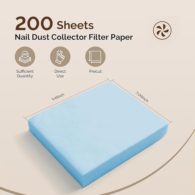 MelodySusie 200 Sheets Nail Dust Collector Filter Paper, Disposable Dust Vacuum Filter with 6pcs Sticky Back Hook for Most Nail Dust Fan Extractor Machine, Nail Tech Supplies for Salon & Home