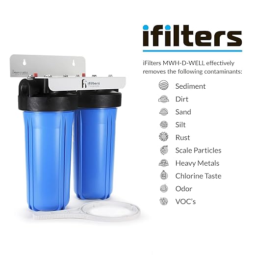 iFilters 2-Stage 10" Well Water Whole House Filtration Complete Commercial Grade System | Removes Sediment, Chlorine, Rust, Odor, Taste, Iron, Heavy Metals | Dual Stage with 1" Ports