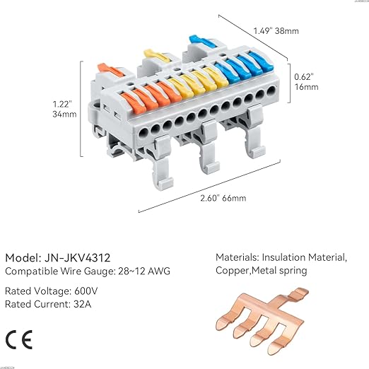 4pcs DIN Rail Terminal Blocks, DIY Splicing Wire Connectors for Circuit Inline 28-12AWG (3 in 12 Out)